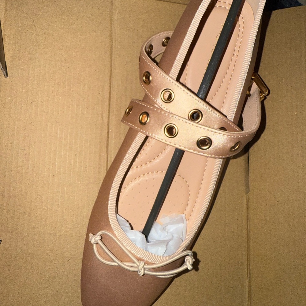 Fashion Nova Tan Flats with Gold Accents